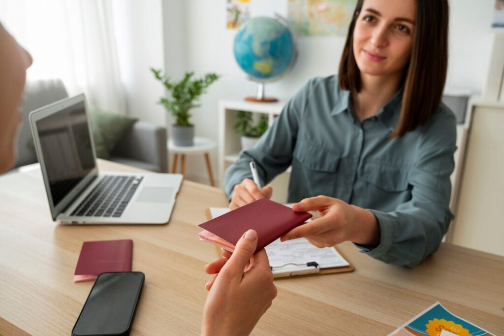 high angle woman working as travel agent 23 2150455568